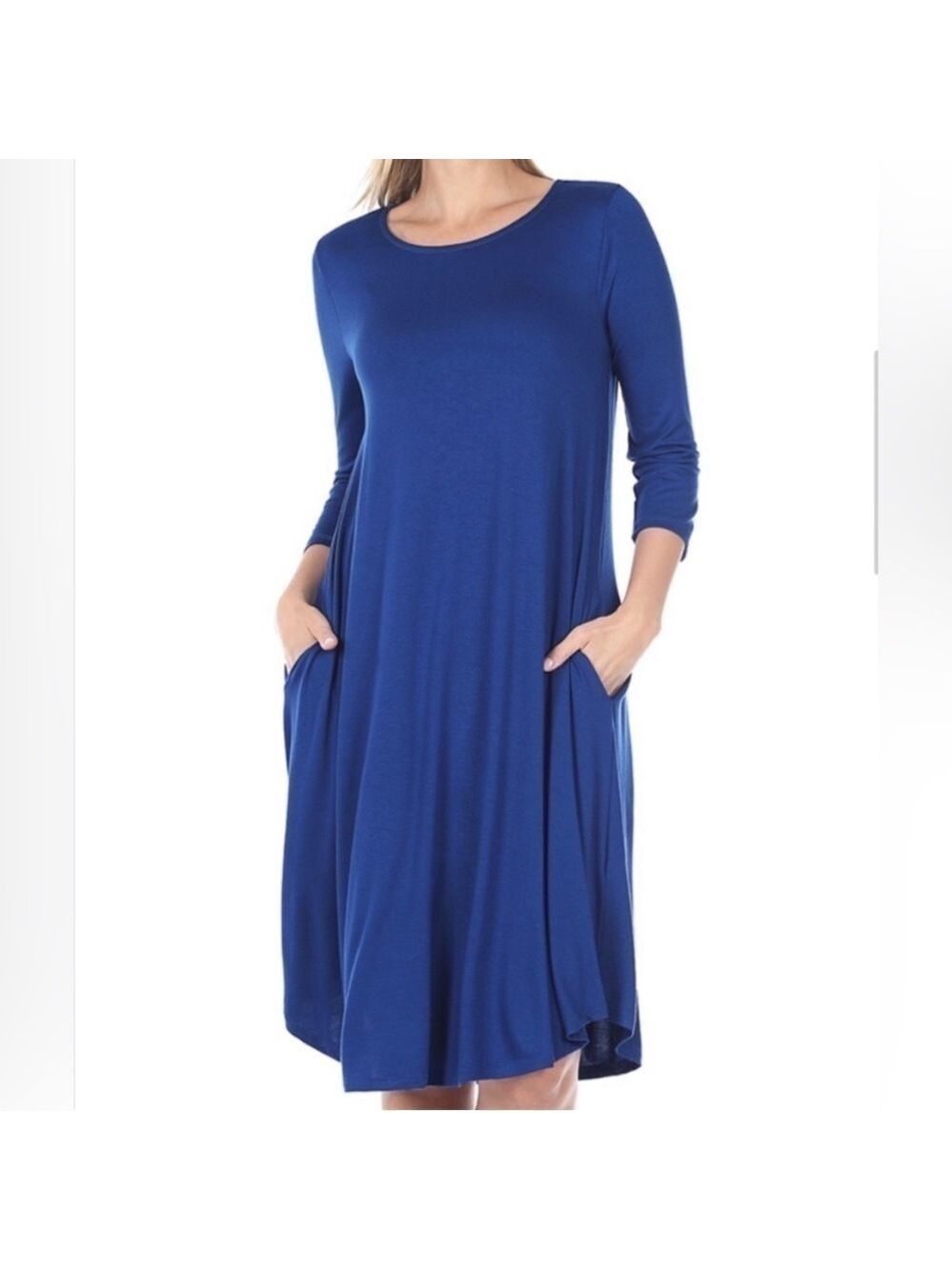 ZENANA scoop neck 3/4 sleeve a line swing dress spring summer fall